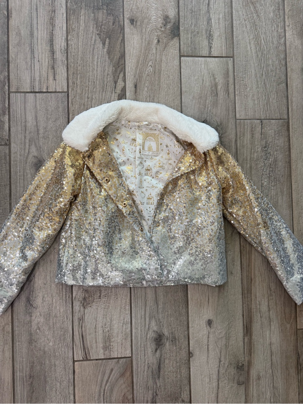 Disney Gold & Silver Sequin Cropped Jacket with Faux Fur Collar